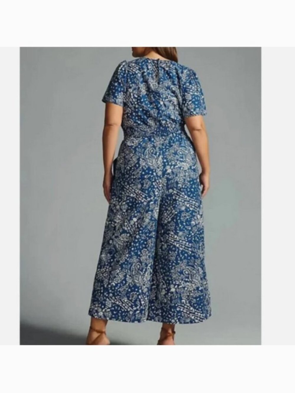 Anthropologie The Somerset Wide Leg Jumpsuit Blue White Floral L Short Sleeve - Picture 7 of 16